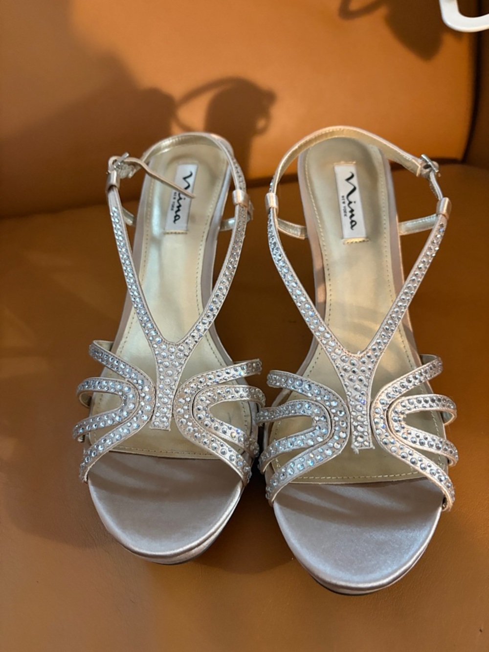 Nina Silver Satin Rhinestone T-Strap Heels